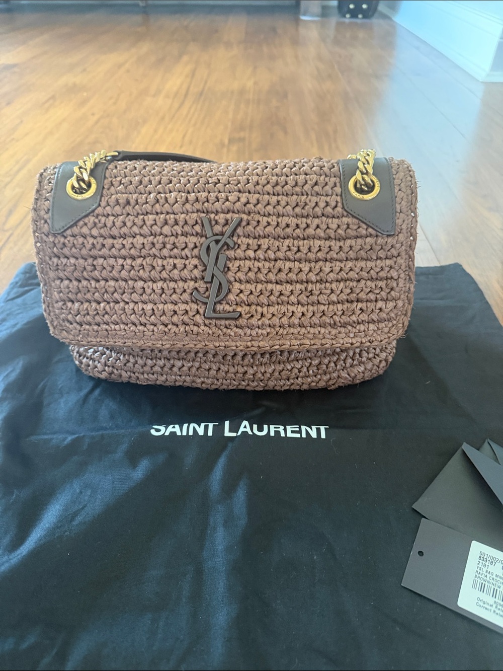 Saint Laurent Brown Raffia YSL Chain Shoulder Bag